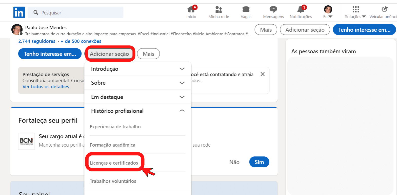 Inserir Certificado no Perfil do LinkedIn Passo 2