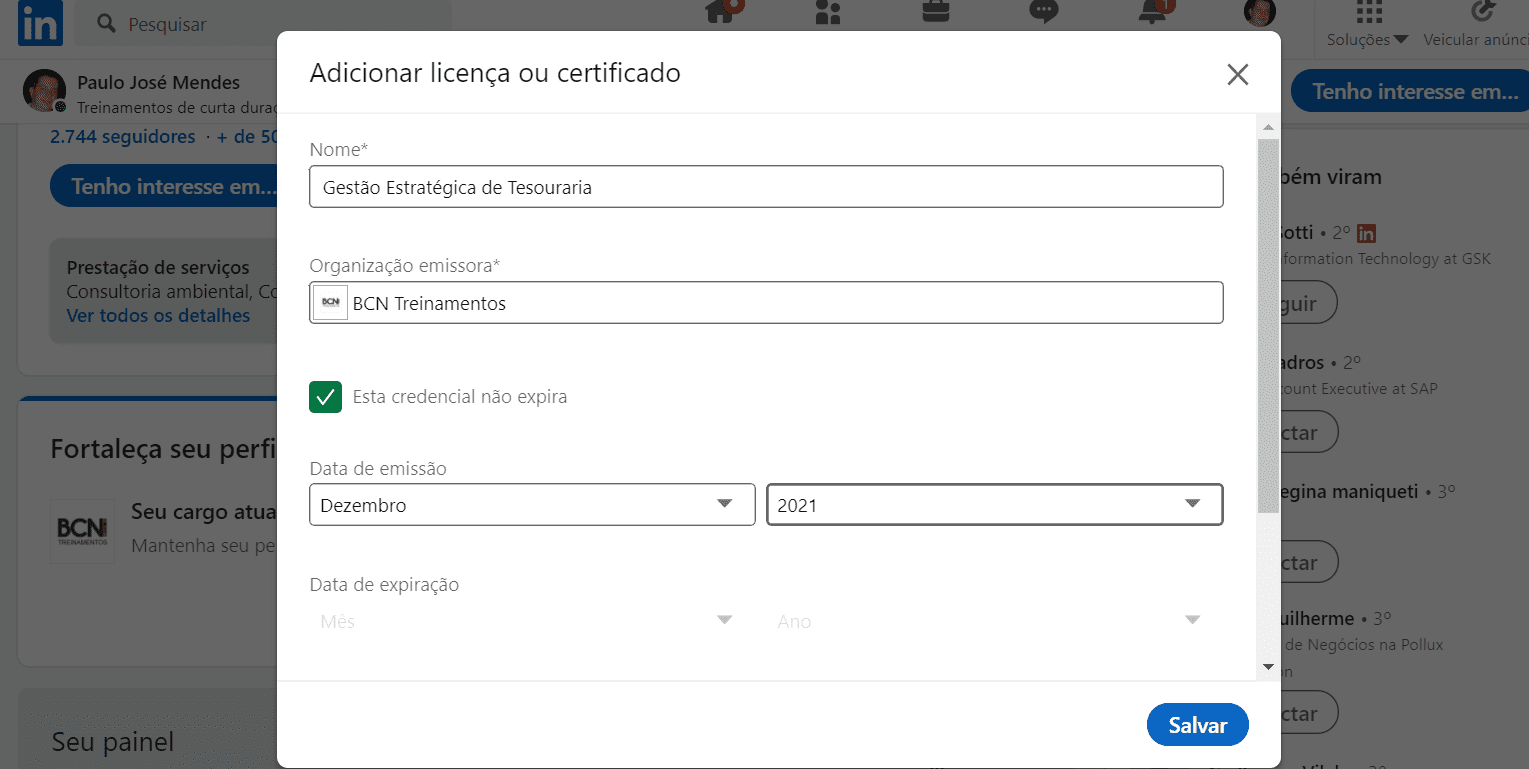 Inserir Certificado no Perfil do LinkedIn Passo 3